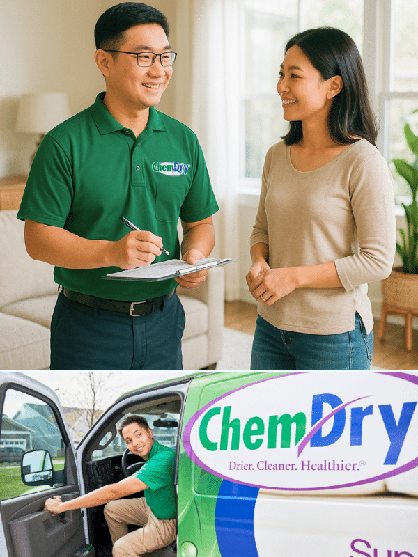 Friendly Chem-Dry Malaysia technician smiling with a happy client during professional carpet cleaning service